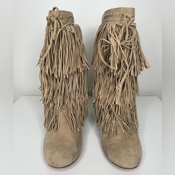 Christian Louboutin Pina Tan Suede Flat Fringe Wedge Boots- Boho Chic - Picture 3 of 10
